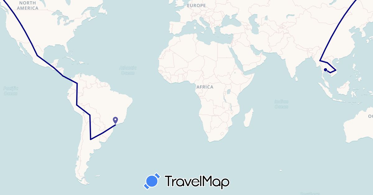 TravelMap itinerary: driving in Argentina, Bolivia, Brazil, Colombia, Costa Rica, Guatemala, Cambodia, Laos, Myanmar (Burma), Mexico, Peru, Thailand, Vietnam (Asia, North America, South America)